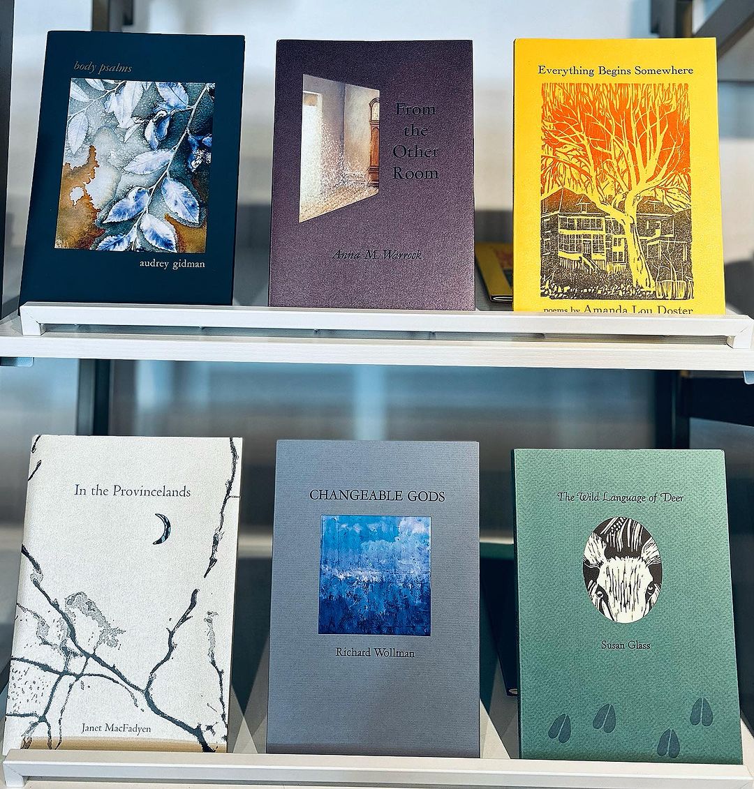 Six Poetry Chapbooks on Display by authors Audrey Gidma, Anna M. Warrock, Amanda Lou Doster, Janet MacFadyen, Richard Wollman, Susan Glass